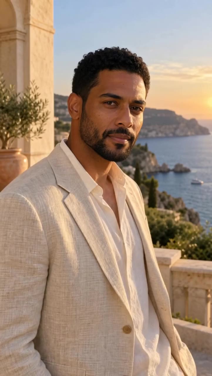 Actual Aisma result: A fictional adult takes the leading role on a sunlit Mediterranean terrace. The linen jacket and seaside setting remain recognizable.