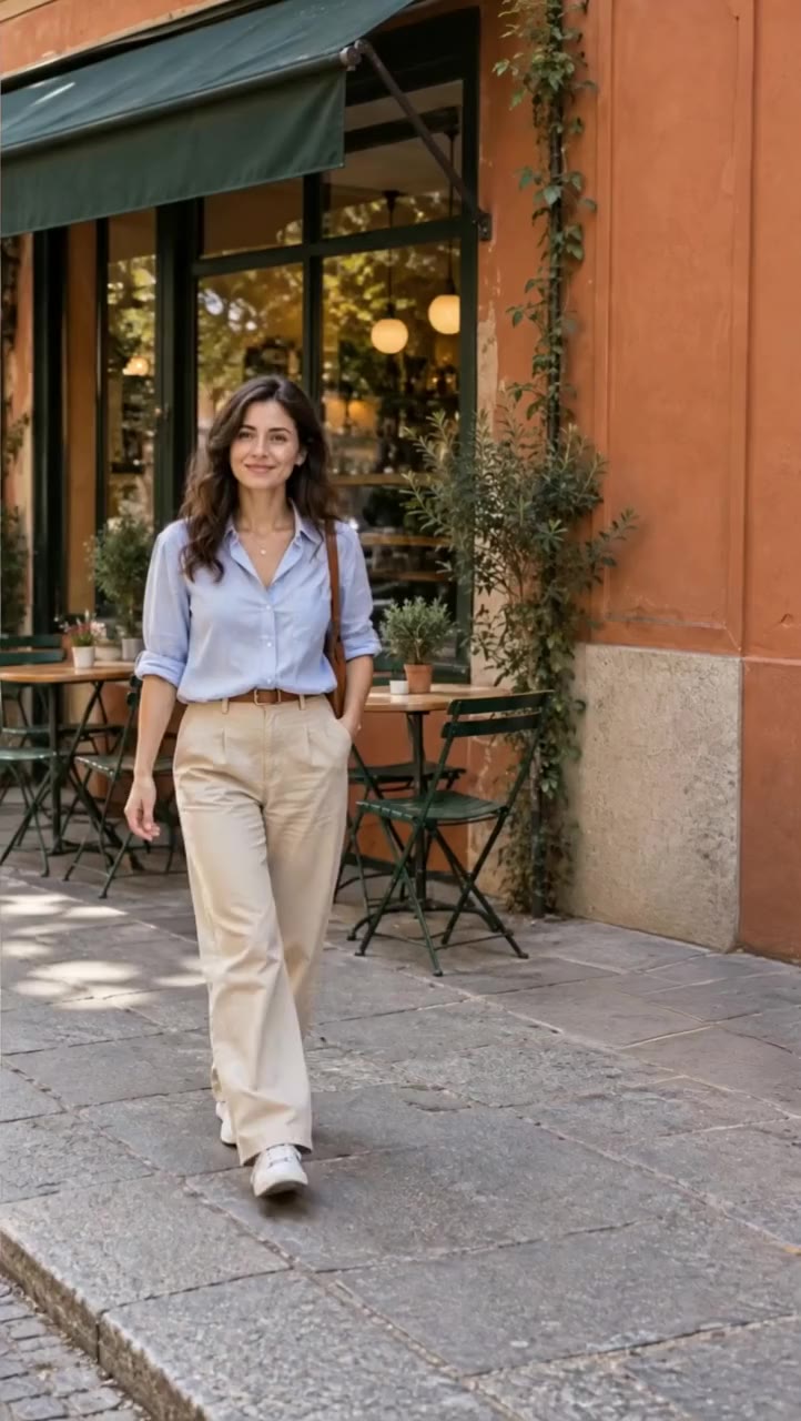 Actual Aisma result: A sidewalk waste bin and orange traffic cone disappear from the cafe scene while the woman continues her walk.