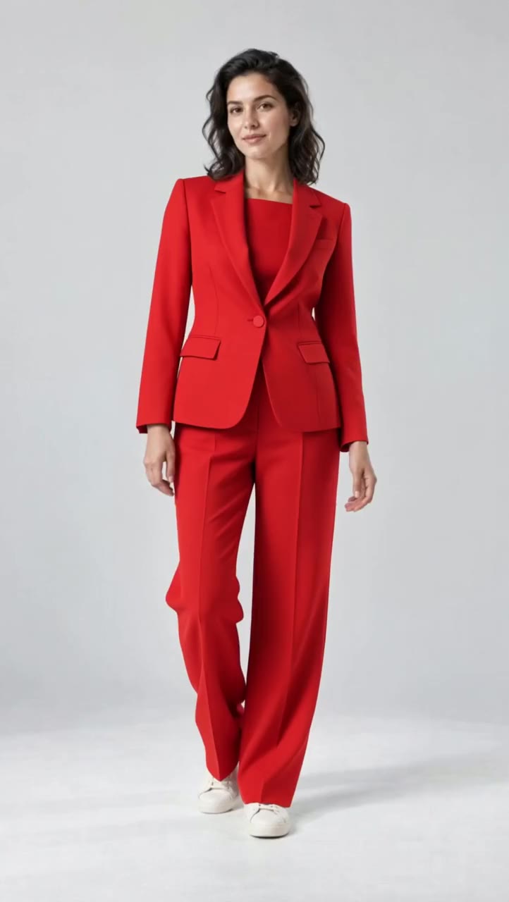 Actual Aisma result: A white T-shirt and jeans become a red pantsuit. The woman’s face, hair, shoes and bright studio remain recognizable.