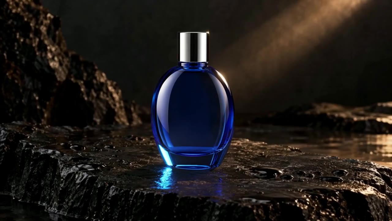 Actual Aisma result: An amber rectangular perfume bottle becomes a rounded cobalt-blue bottle with a silver cap, on the same wet black stone.