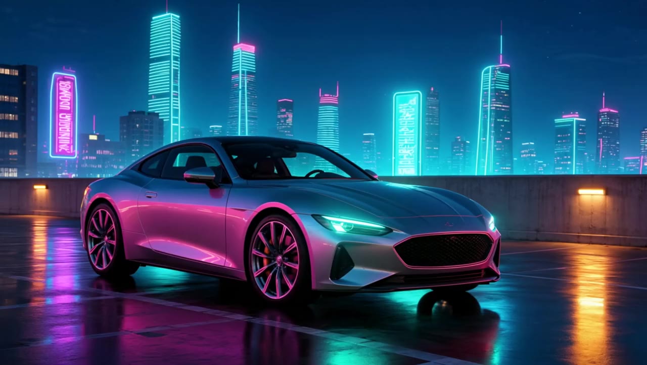 Actual Aisma result: A concrete parking deck becomes a futuristic neon city at night, with wet pavement and new reflections around the silver coupe.