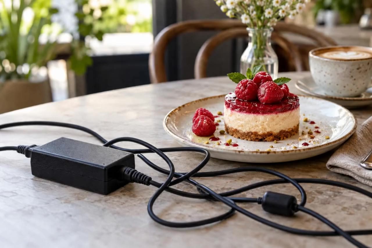 Starting frame: A fork cuts a bite from a dessert on a cafe table; a black charging cable and power adapter lie across the tablecloth.