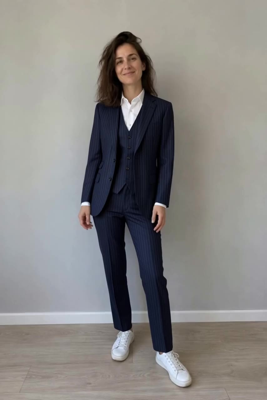 Actual Aisma result: The same turn in a navy pinstripe three-piece suit.