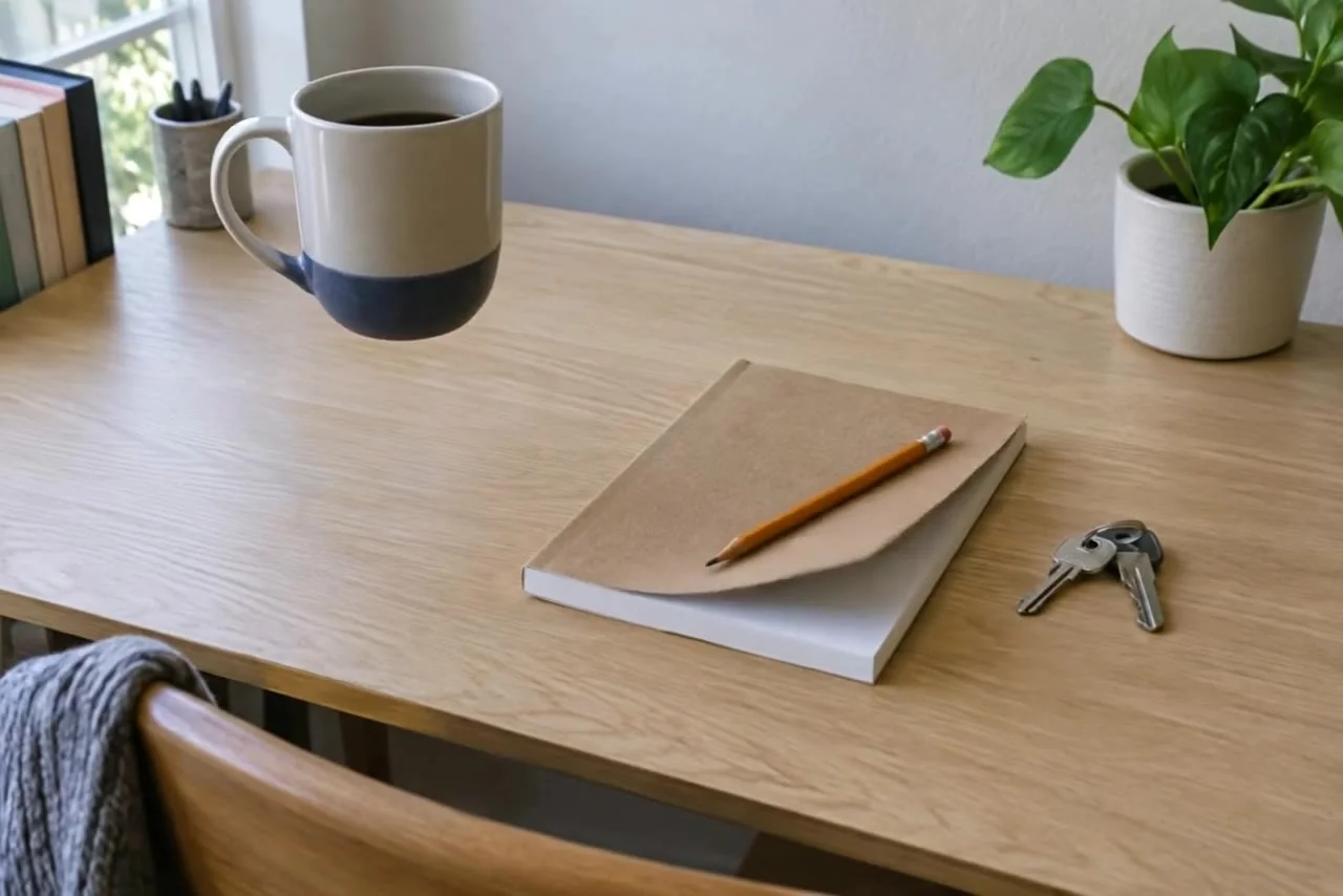 Actual Aisma result: The same desk with the coffee mug rising and hovering above it.