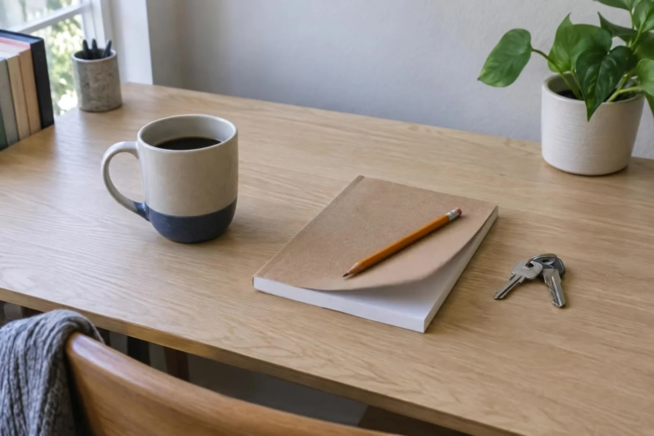 Starting frame: A mug, notebook, pencil and keys sit on a wooden desk by a window; the notebook pages flutter slightly.