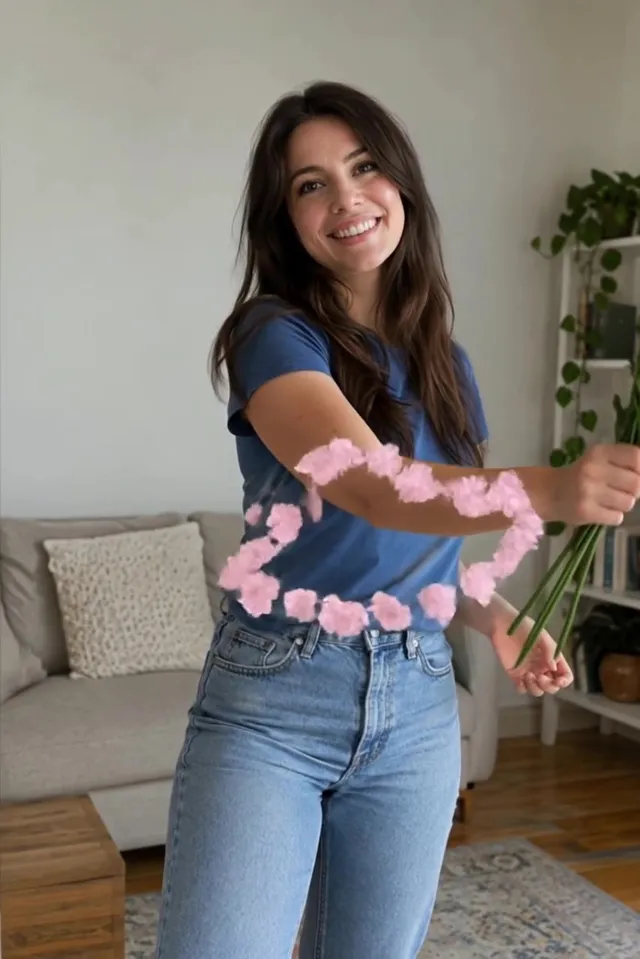 Actual Aisma result: The same sweep with the flowers releasing a spiral of petals around her arm.