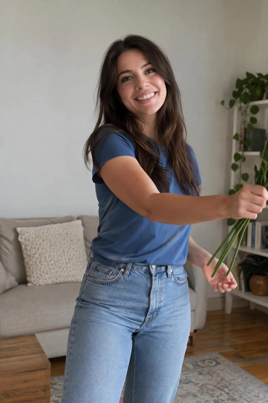 Starting frame: A woman in a blue shirt sweeps a bouquet of pink flowers outward with a small turn of her wrist.