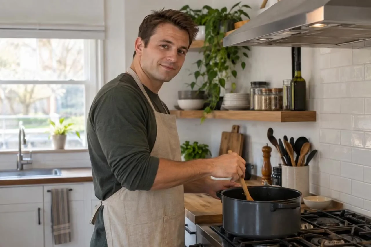 Starting frame: A cook in a beige apron stirs a pot with a wooden spoon and glances toward the camera.