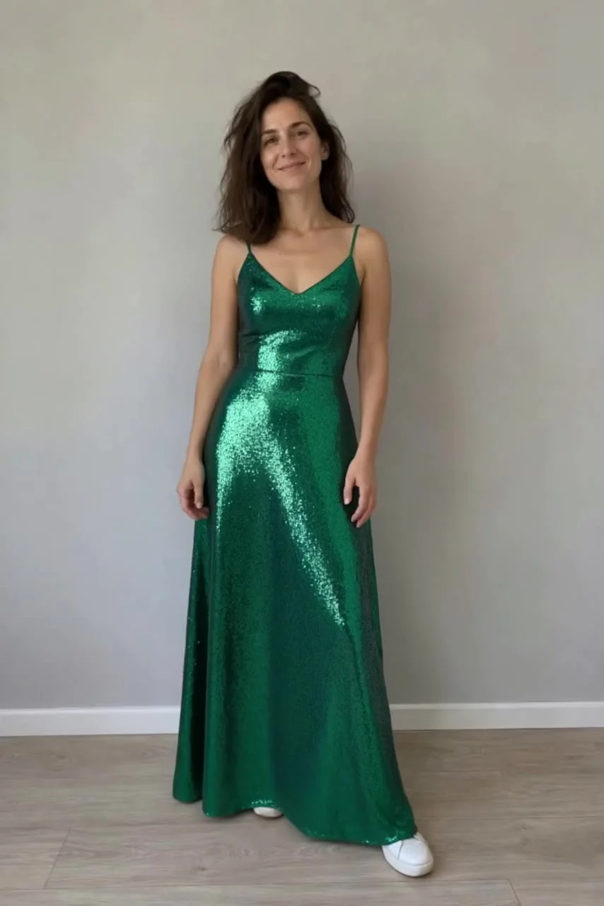 Actual Aisma result: The same turn in a floor-length emerald sequin gown.
