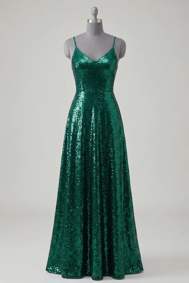 Emerald sequin evening gown on a headless dress form