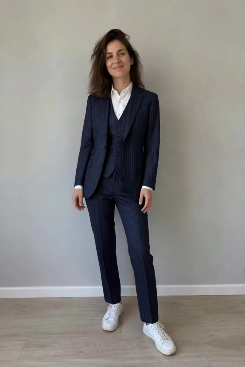 Actual Aisma result: The same turn in a navy pinstripe three-piece suit.