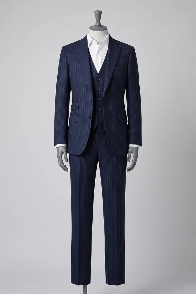 Navy pinstripe three-piece suit with a white shirt on a headless dress form