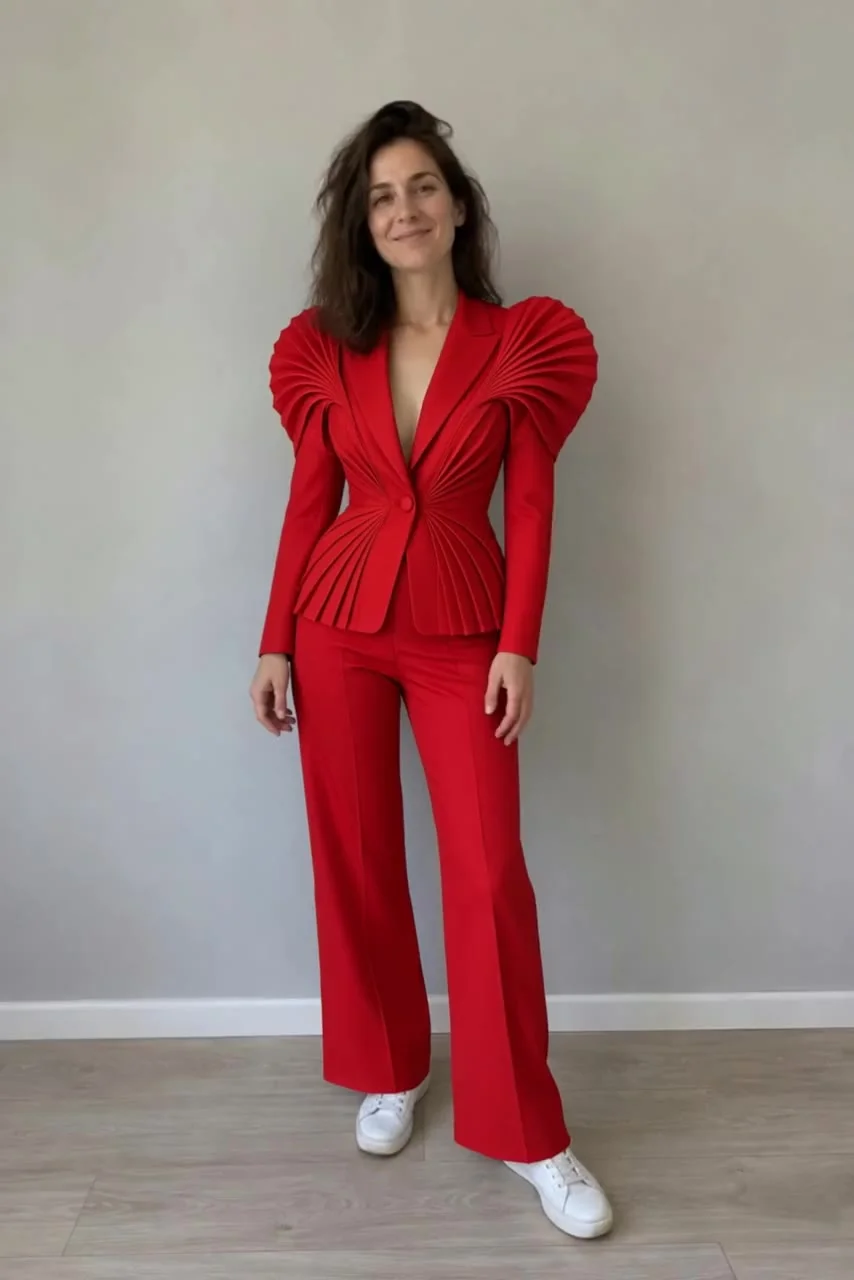Actual Aisma result: The same turn in a scarlet sculptural pleated pantsuit.