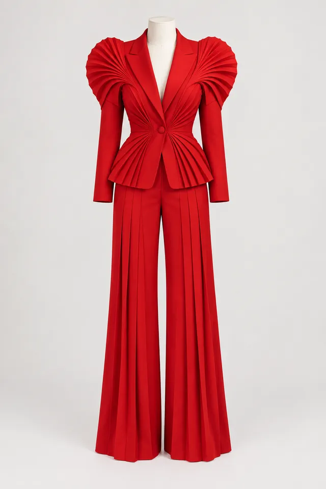 Scarlet sculptural pleated pantsuit on a headless dress form