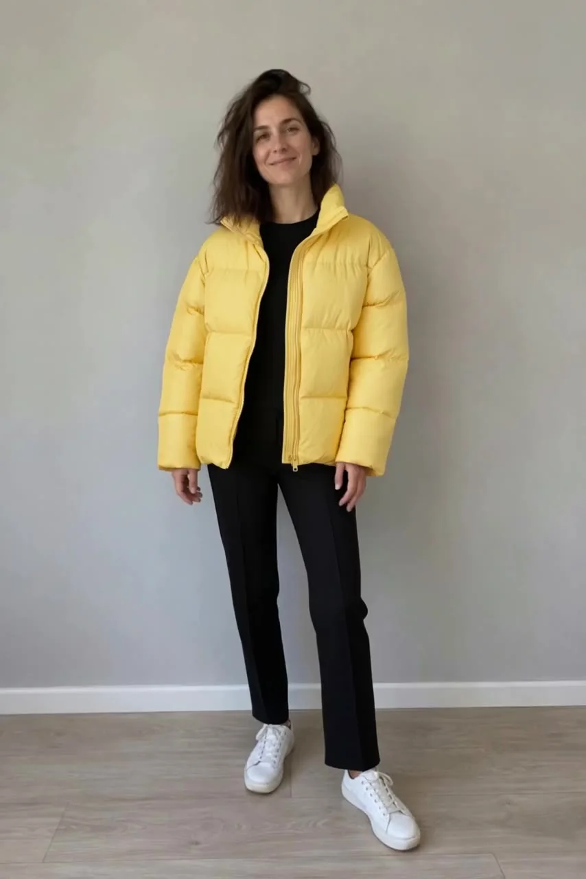 Actual Aisma result: The same turn in a canary-yellow puffer jacket and black trousers.