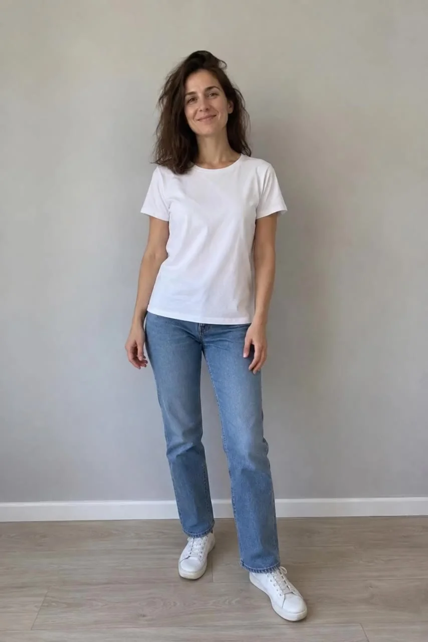 Starting frame: A woman in a plain white T-shirt and jeans takes two steps toward the camera and makes a quarter turn by a pale wall.