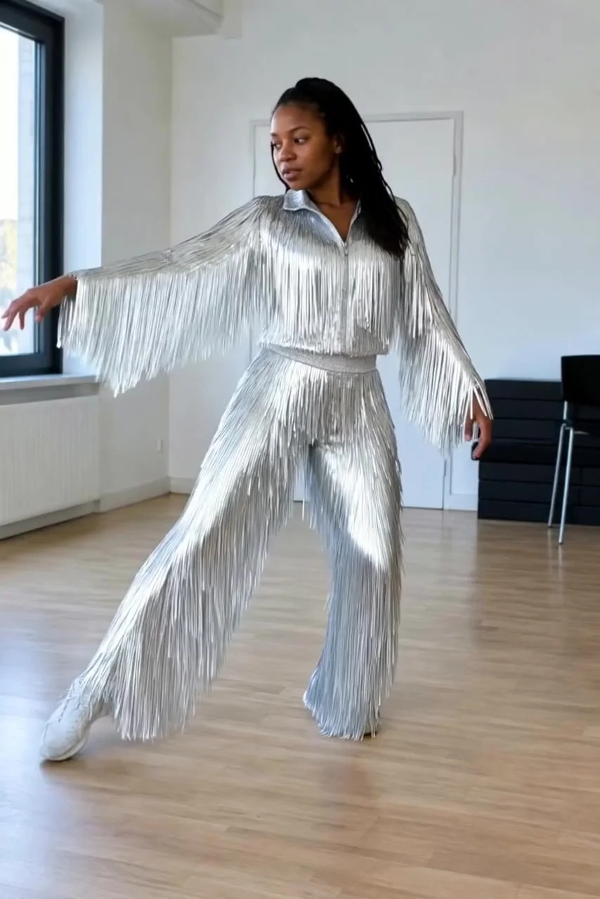 Actual Aisma result: The same dance step in a silver metallic-fringe stage costume.