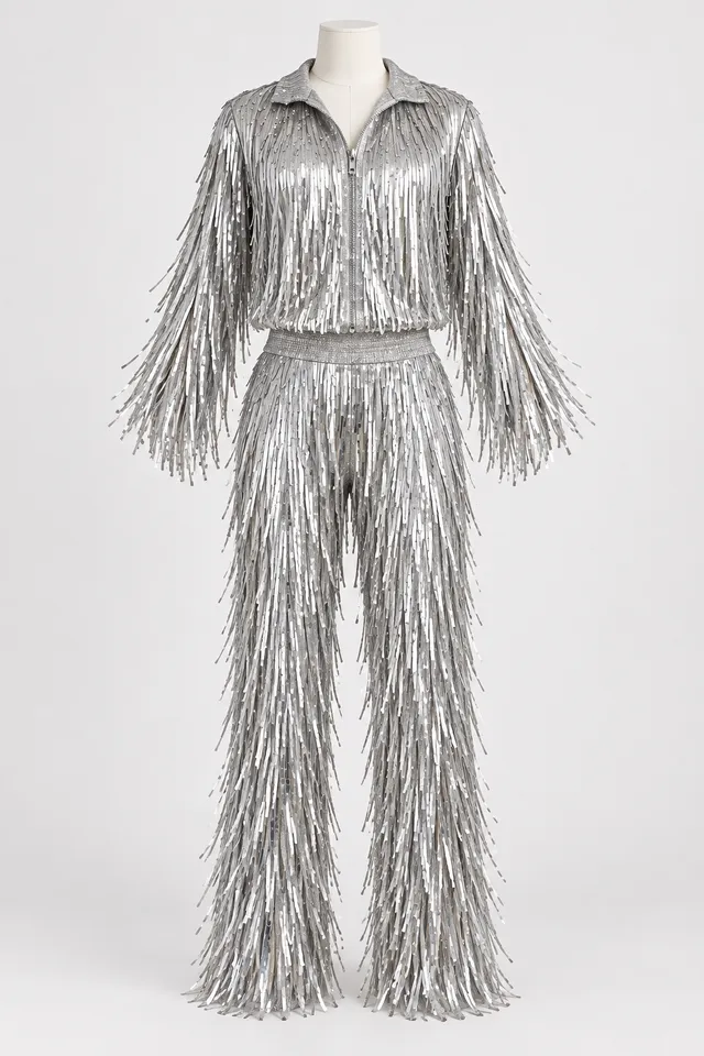 Silver metallic-fringe stage costume on a headless dress form