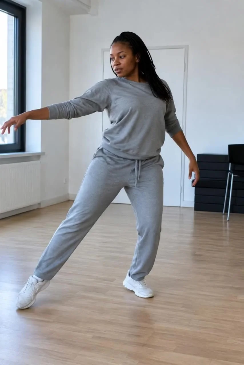 Starting frame: A dancer in a grey tracksuit starts a lateral step and sweeps one arm outward in a rehearsal room.