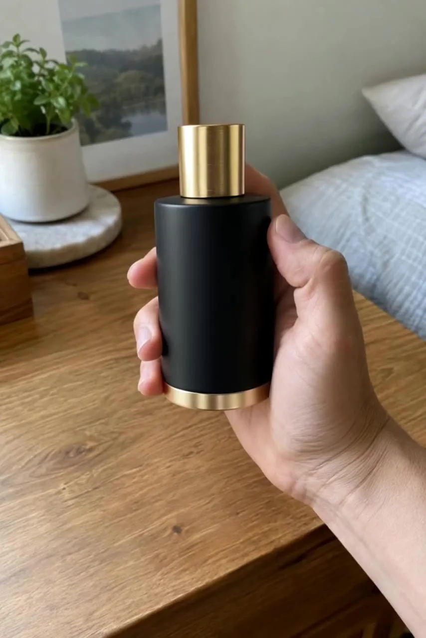 Actual Aisma result: The same hand turning a tall matte-black bottle with a gold cap.