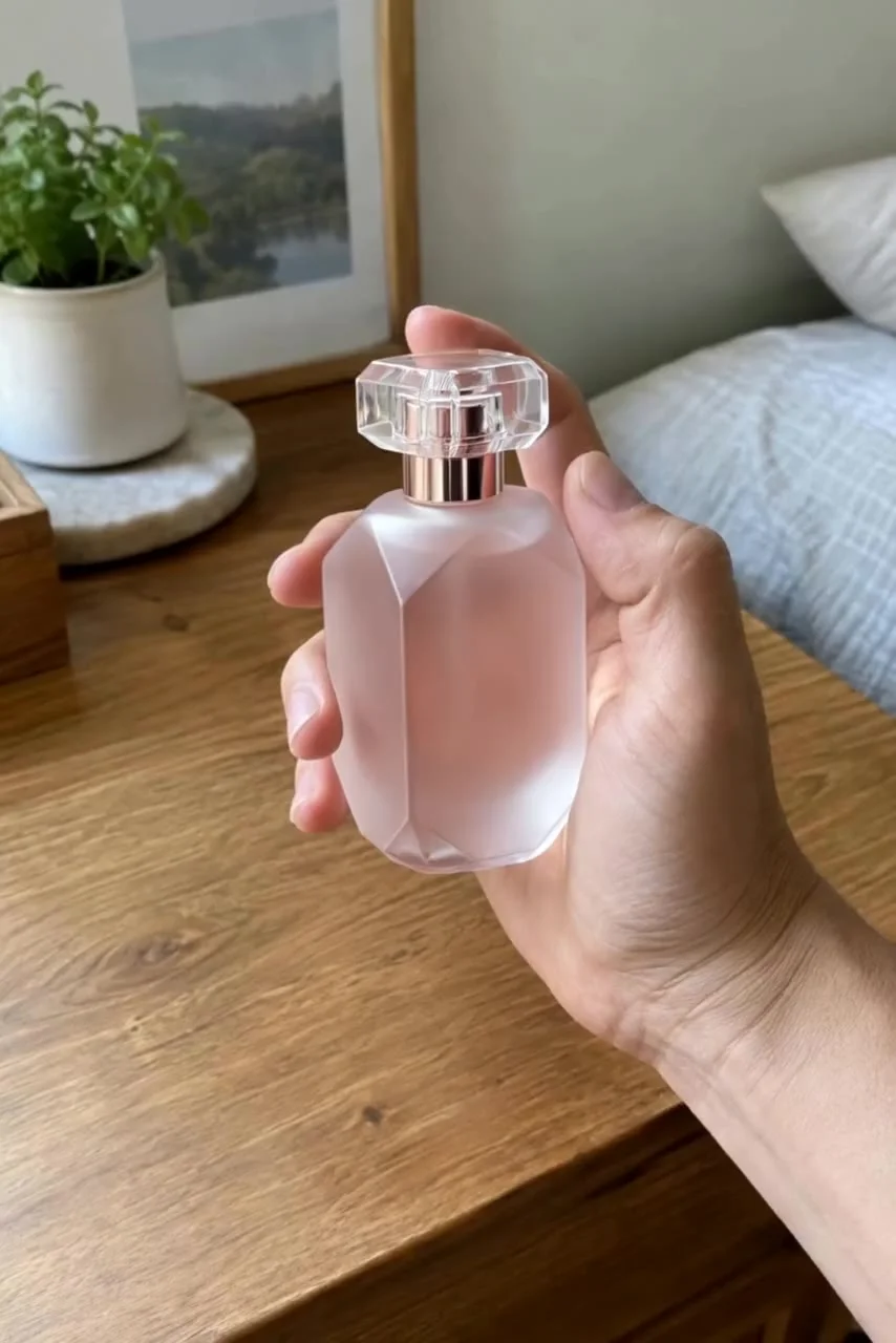 Actual Aisma result: The same hand turning a frosted blush-pink faceted bottle.