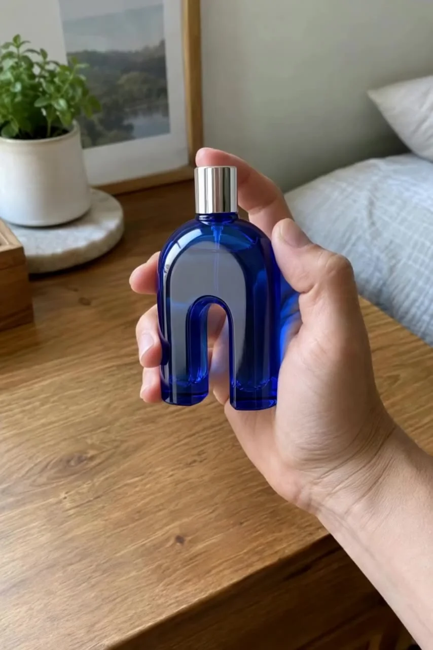 Actual Aisma result: The same hand turning a cobalt-blue arch-shaped bottle.