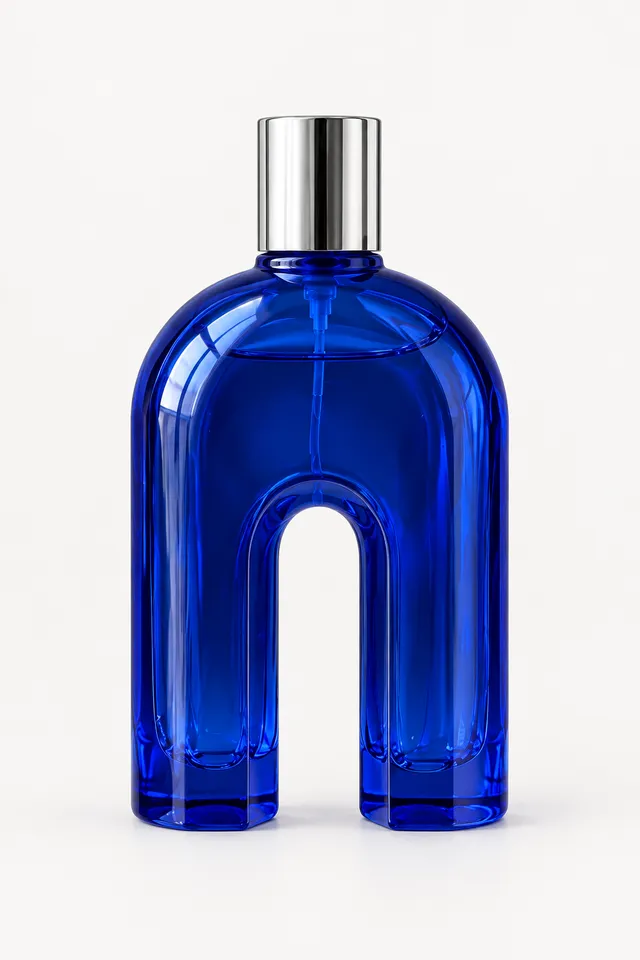 Cobalt-blue arch-shaped glass bottle with a silver cap