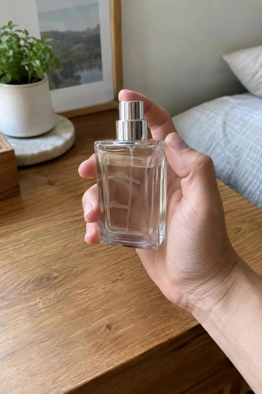Starting frame: A hand lifts a plain rectangular perfume bottle from a wooden table and turns it a quarter turn.