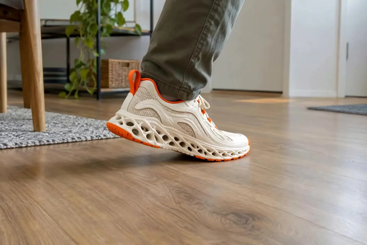 Actual Aisma result: The same step in a cream sneaker with a sculptural orange lattice sole.