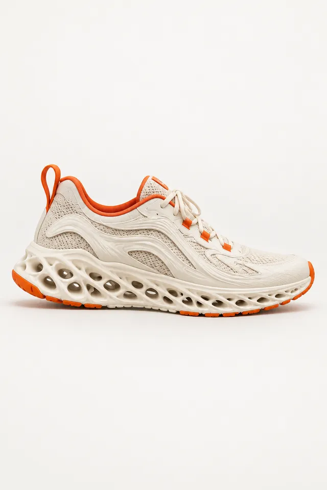 Cream sneaker with a sculptural orange lattice sole