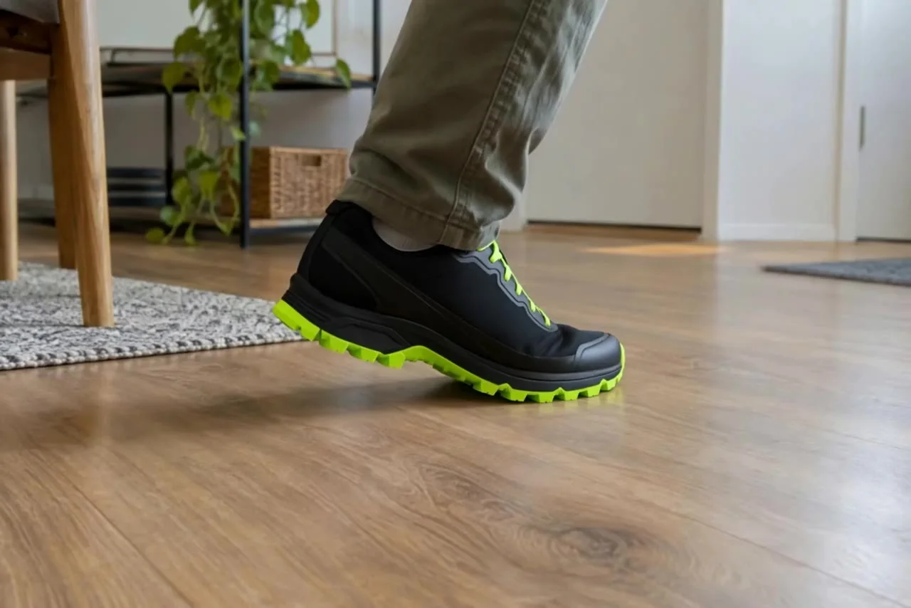 Actual Aisma result: The same step in a black trail-running shoe with a neon-green sole.