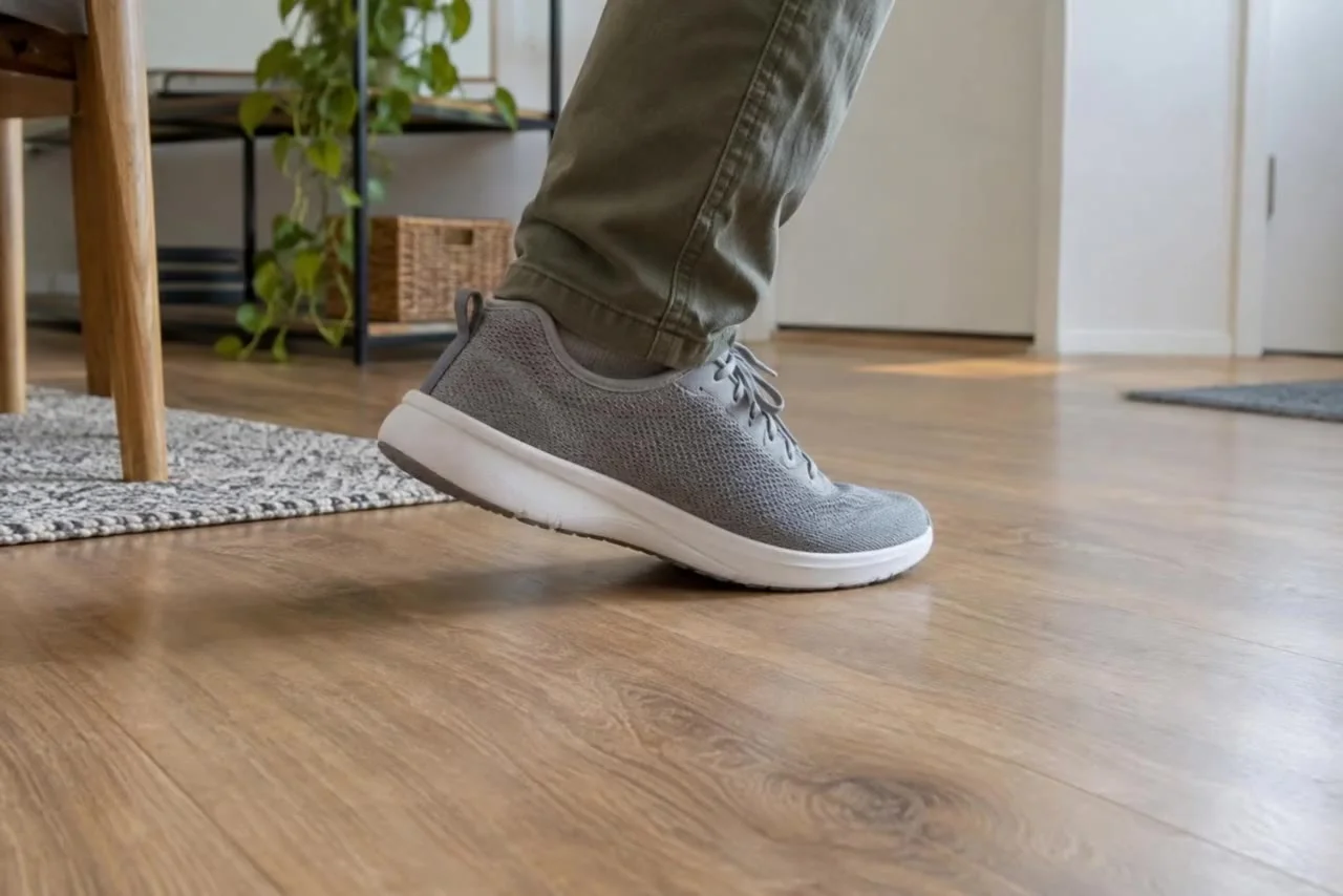 Starting frame: A foot in a plain grey sneaker steps down and pivots on the heel on an apartment floor.