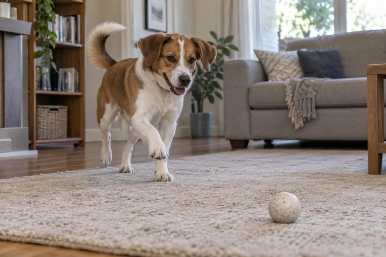 Starting frame: A dog trots toward a ball on a living-room rug and makes a small playful hop.