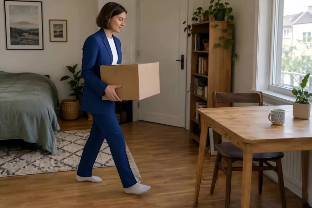 Actual Aisma result: The same box carried to the table in a cobalt-blue tailored suit.