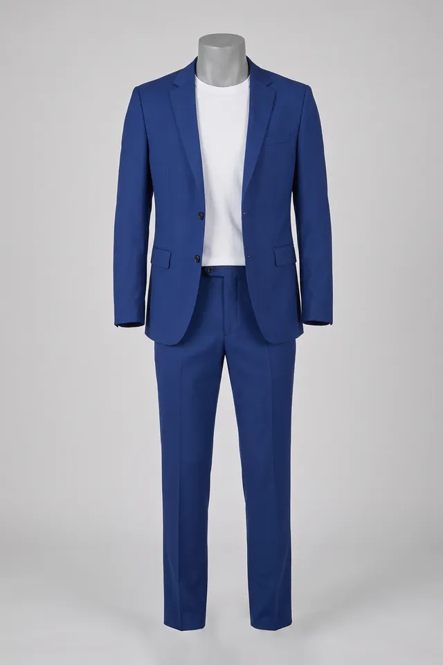 Cobalt-blue tailored suit on a headless dress form