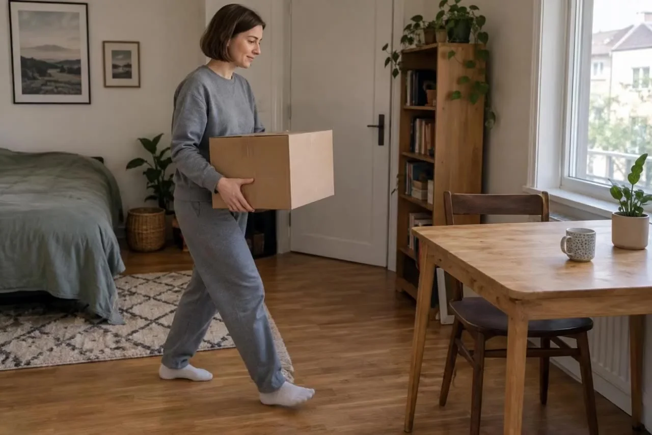 Starting frame: A woman in a grey sweatshirt carries a plain cardboard box three steps across an ordinary room and sets it on a small table.