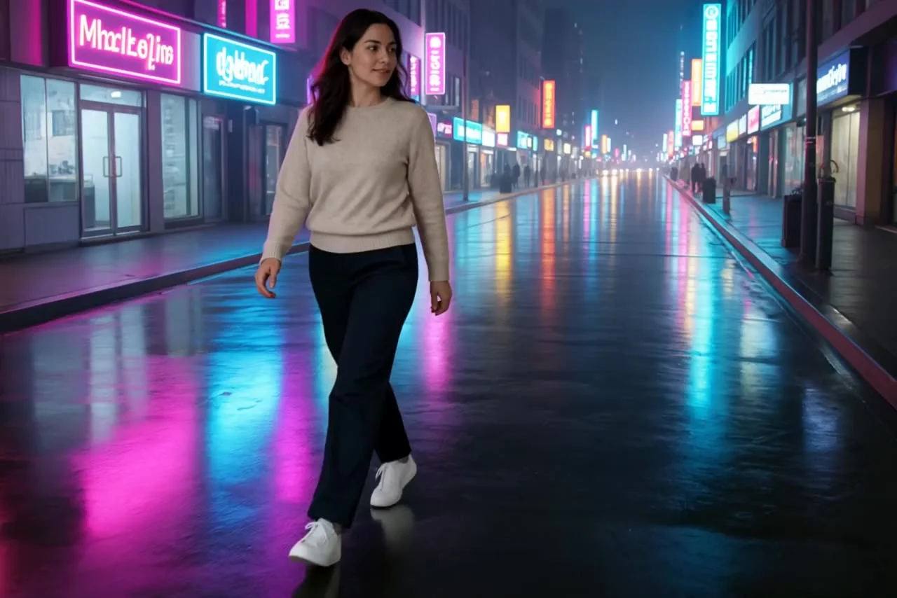 Actual Aisma result: The same walk on a rainy neon-lit street at night.