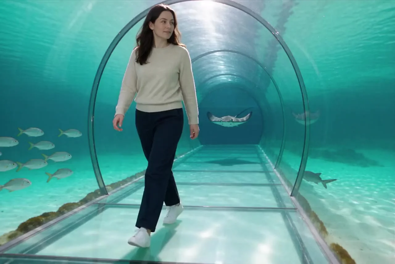 Actual Aisma result: The same walk inside an underwater glass tunnel with turquoise sea and fish outside.