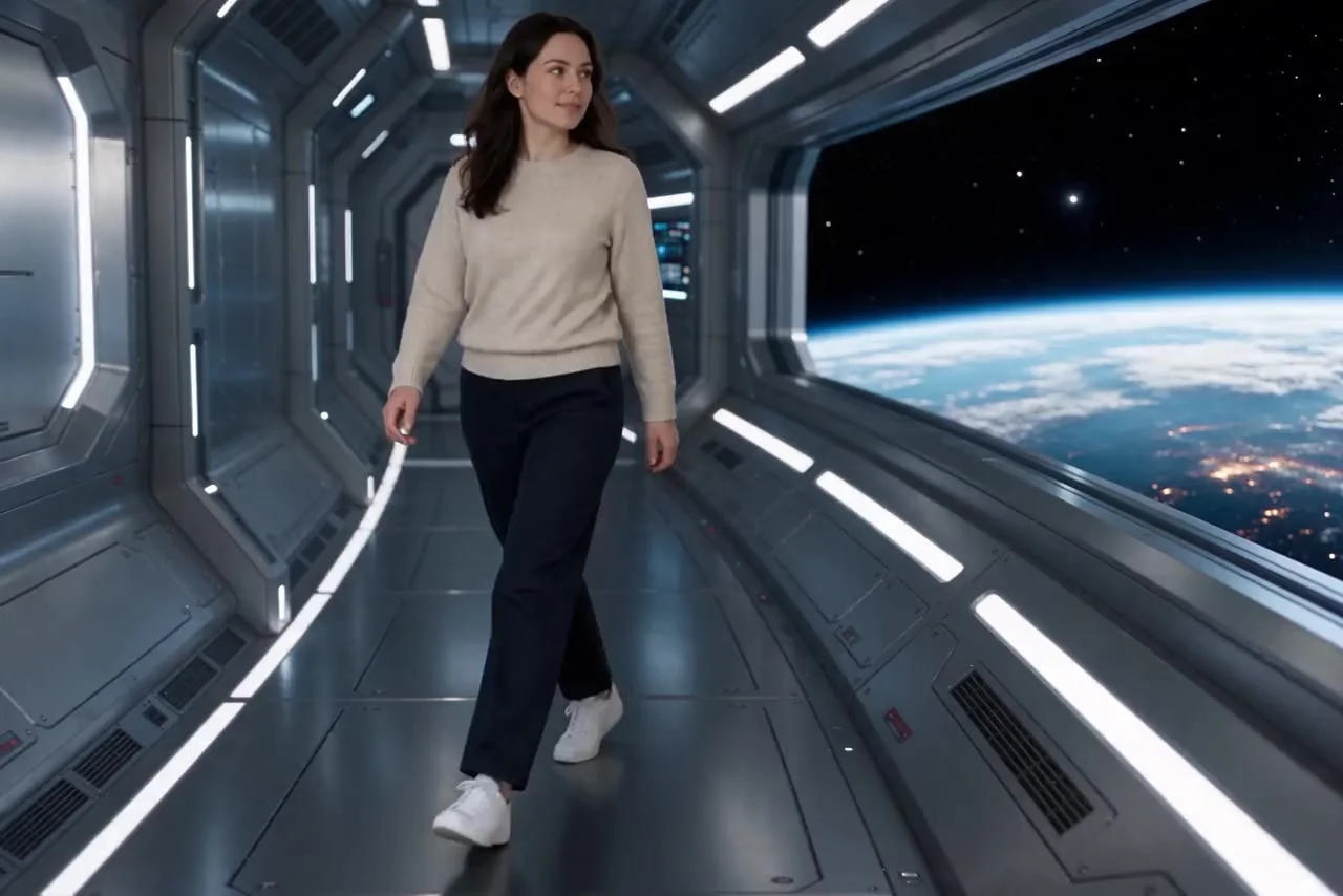 Actual Aisma result: The same walk inside a space-station corridor with Earth in the window.