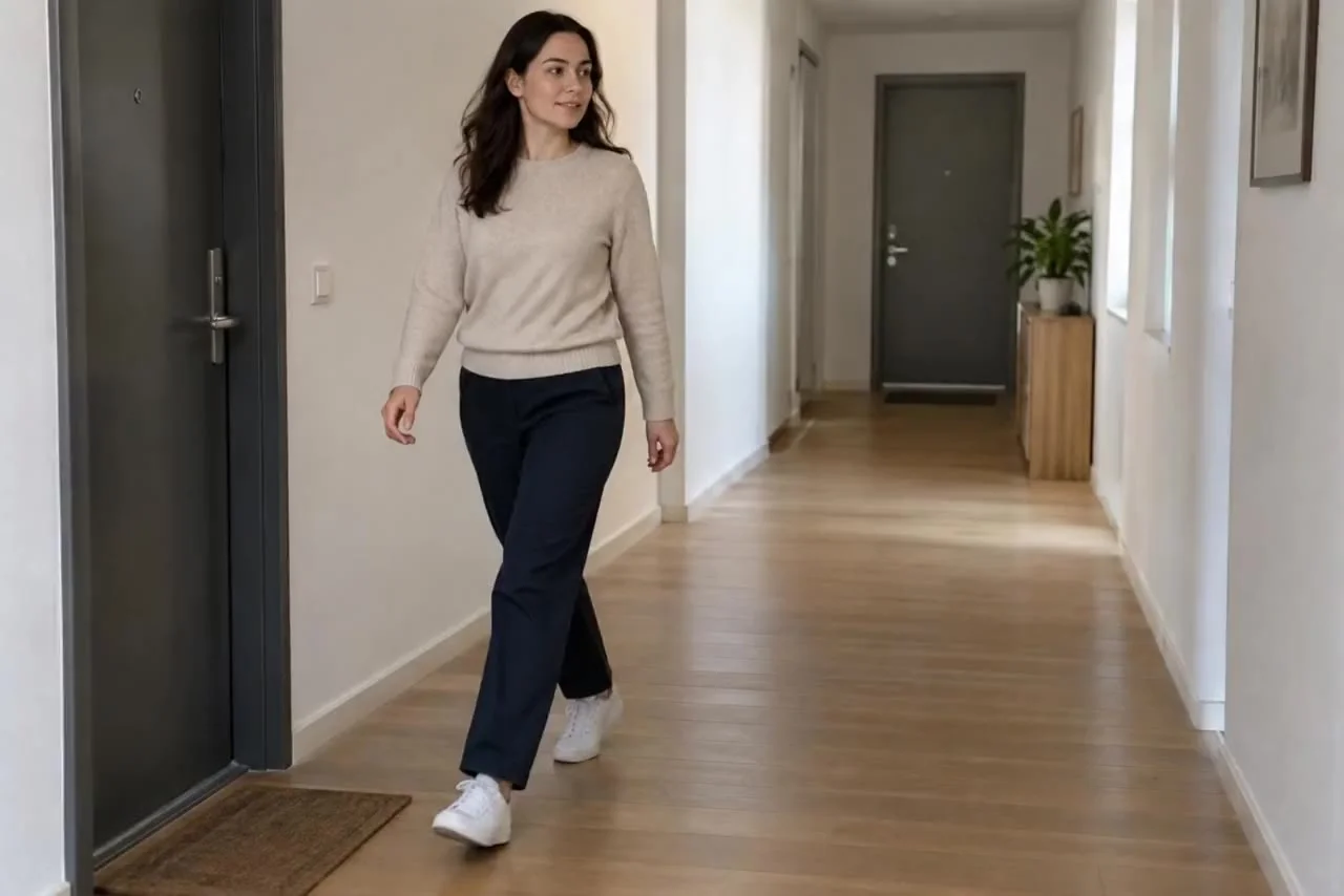 Starting frame: A woman in an oatmeal sweater walks down an ordinary apartment corridor while the camera tracks beside her.