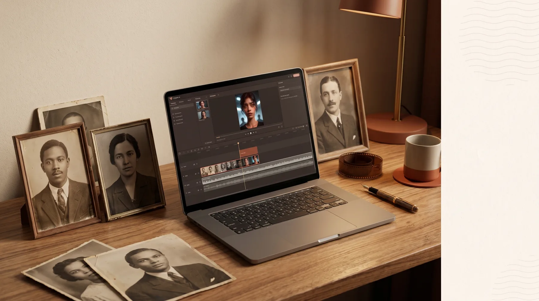 A warm studio desk where old portraits become an AI avatar video timeline.
