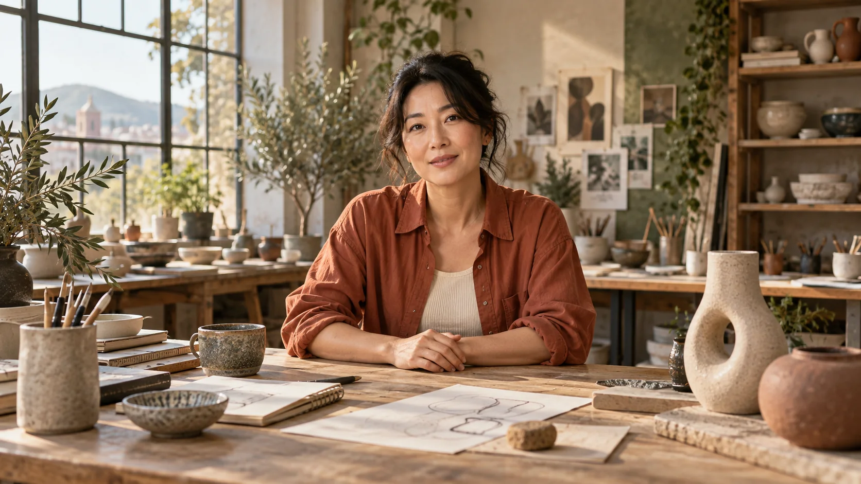 AI-generated educator surrounded by pottery in a sunlit ceramic workshop