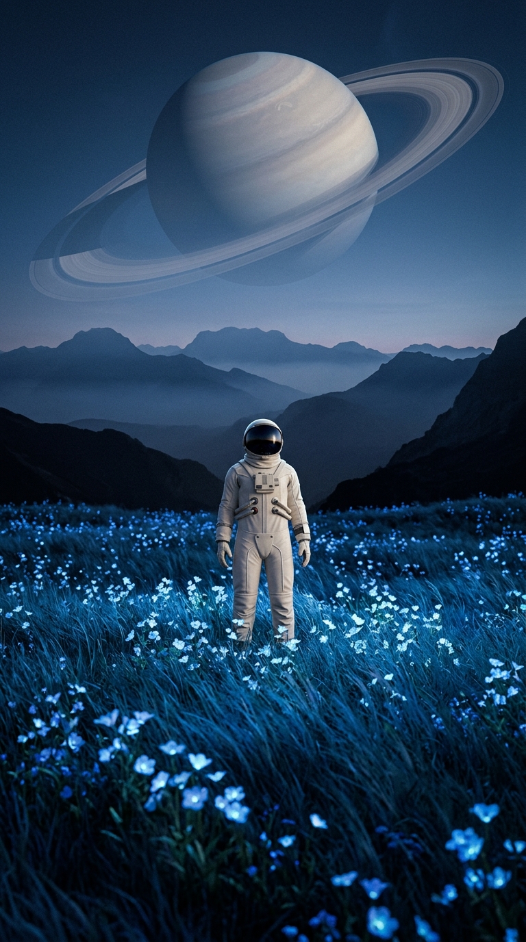 光る花畑の宇宙飛行士