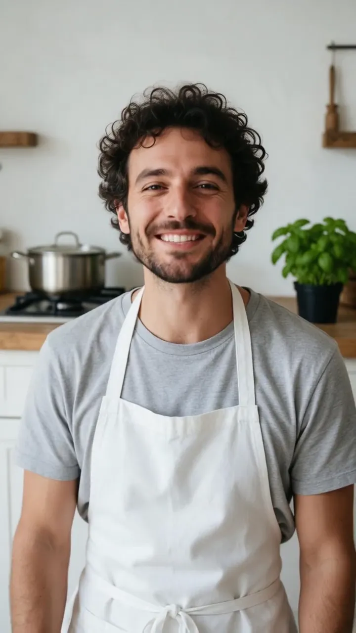 A man with curly dark hair in a white apron, at a home stove, shares the secret of perfect pasta in Italian
