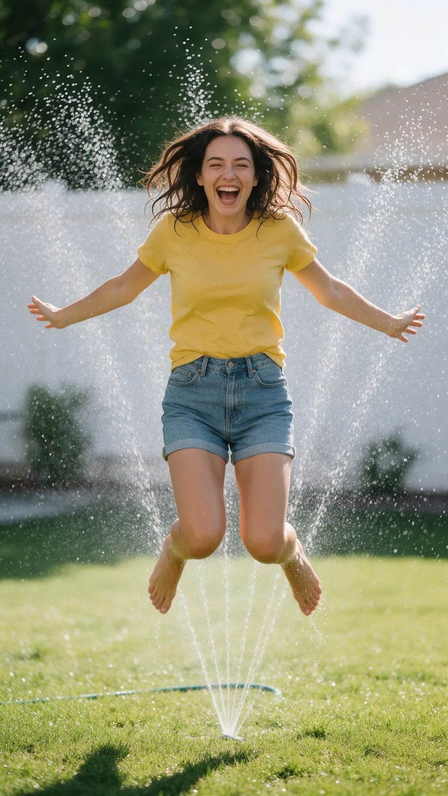 Source still: a woman mid-leap through a sprinkler spray on a sunny lawn
