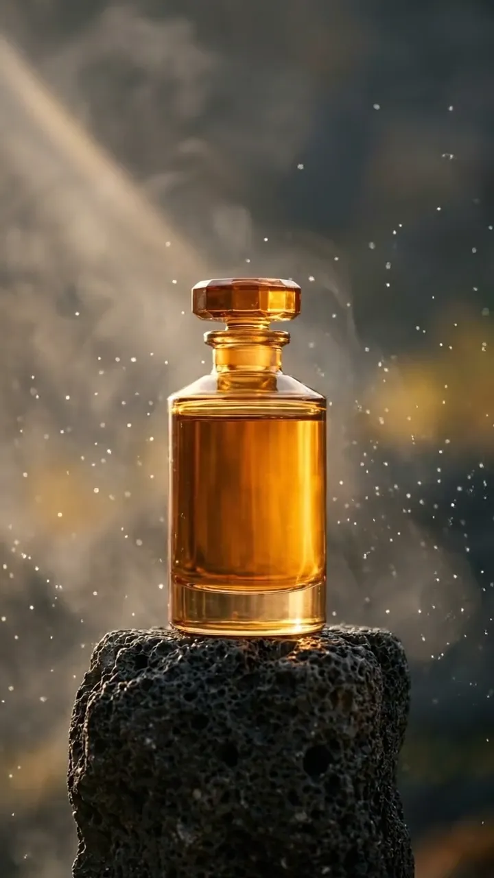 Image-to-video result: an amber perfume bottle on lava rock as dust drifts through the light