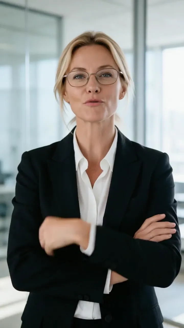 Business explainer: a presenter in a blazer talks about the first hire