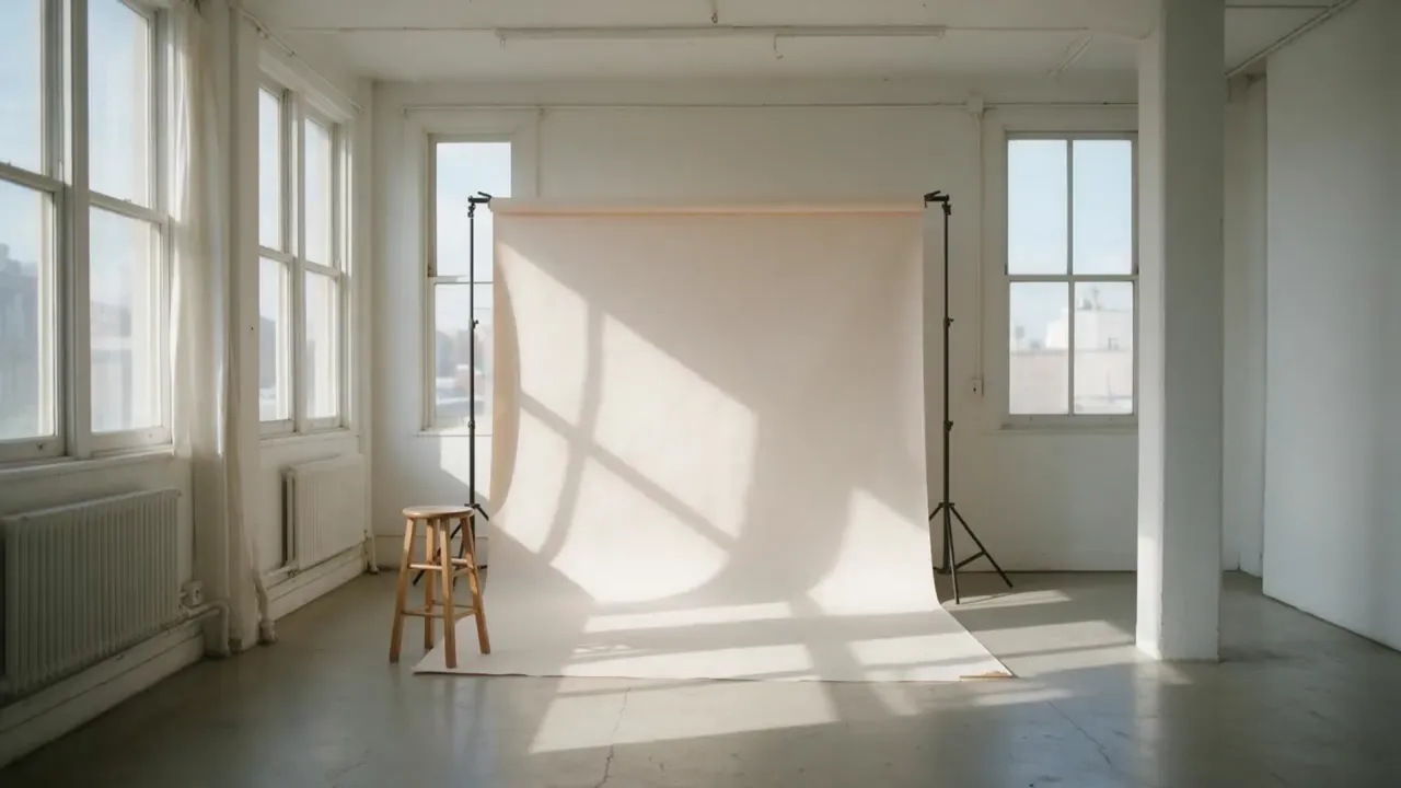 First and last frame: a green bicycle rolls into the empty studio and comes to rest against the backdrop