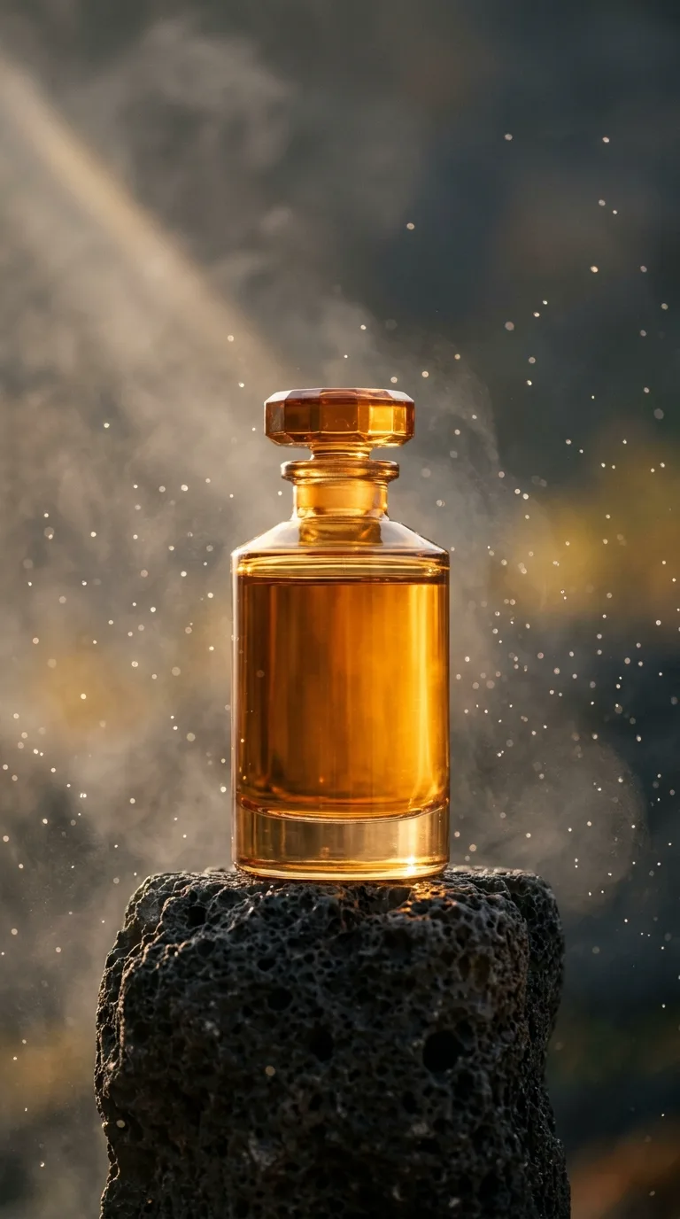 Source still: amber perfume bottle on dark lava rock