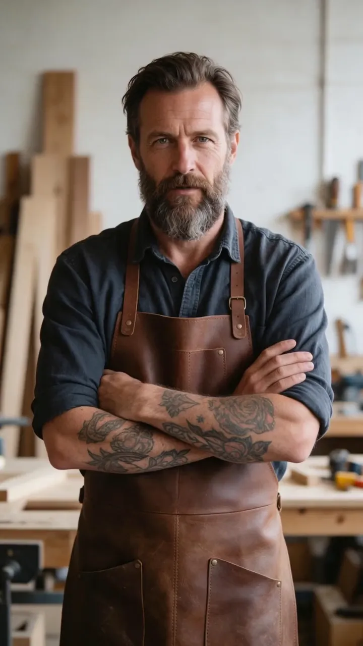 The same woodworker with a different, calmer voice describing his workshop at dawn